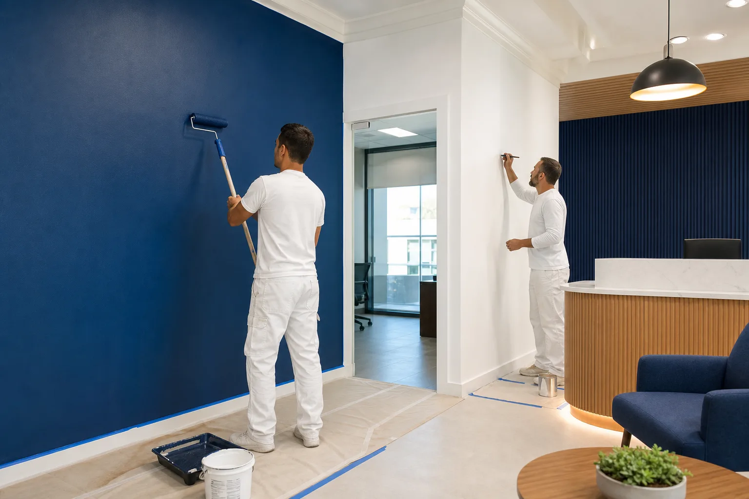 Commercial painters working in an organized business interior