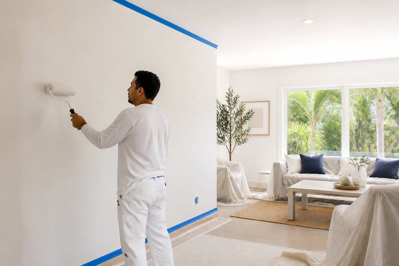 Residential painter refreshing a protected living room